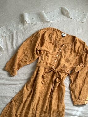 Universal Thread Mustard Button-Front Gauze Midi Dress with Tie Waist